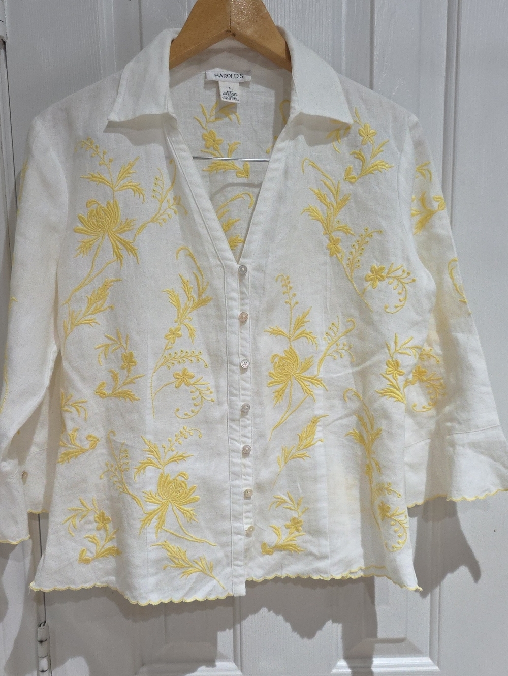 Harold's White Linen Button-Front Top with Yellow Embroidery